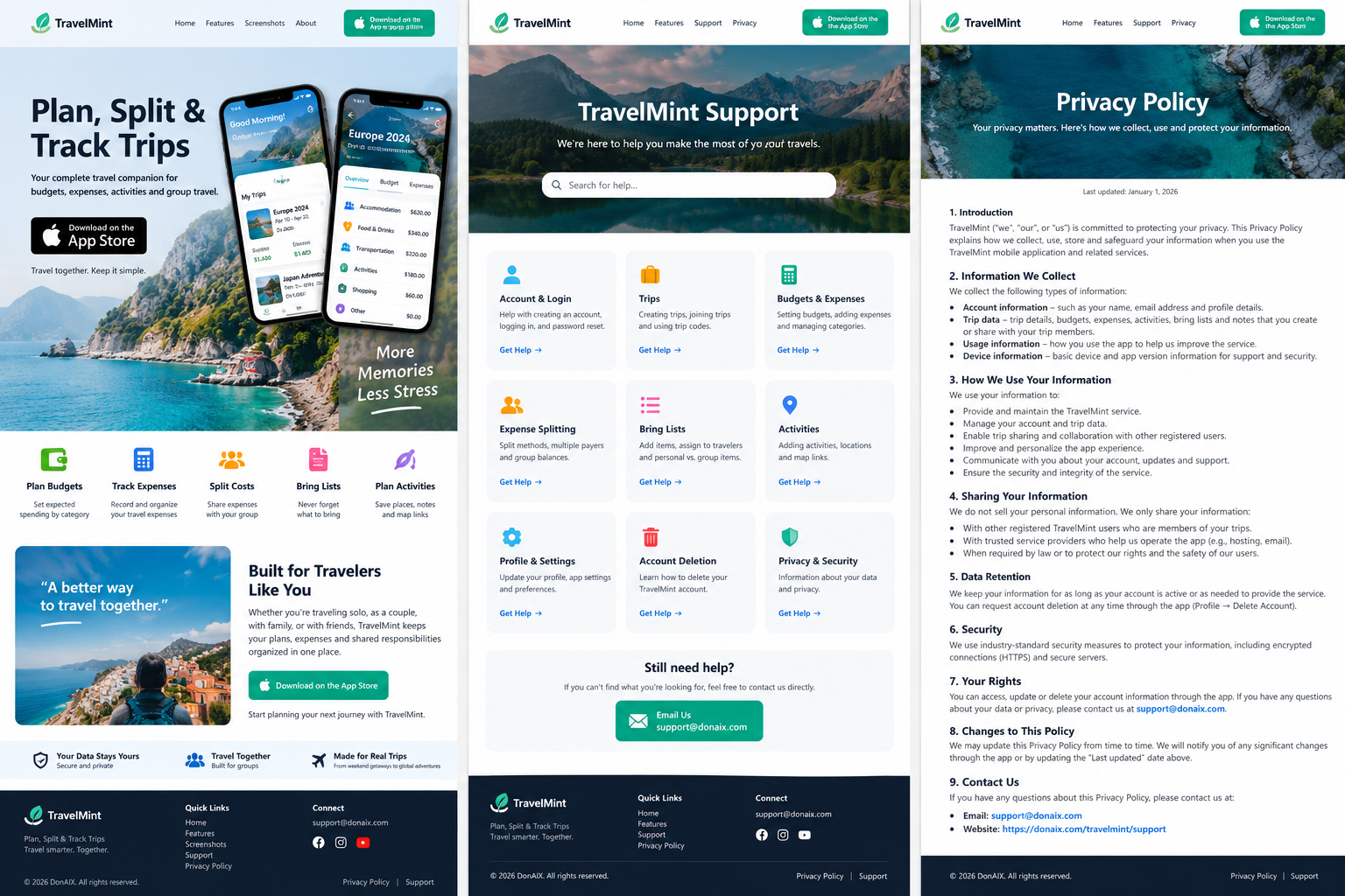 TravelMint marketing, support and privacy pages